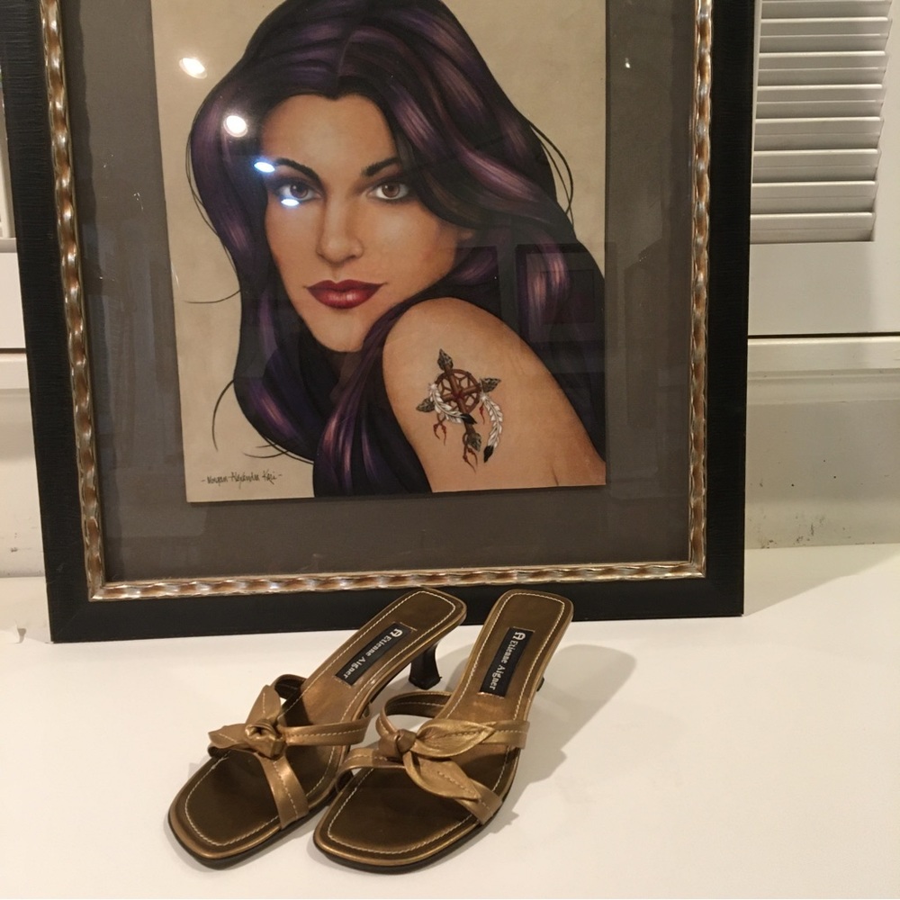 Etienne Aigner bronze leather with bow sandals